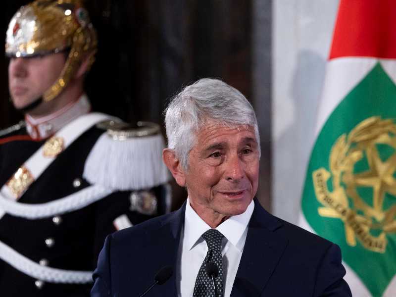 Il ministro dello sport Andrea Abodi alla cerimonia di restituzione della bandiera da parte degli atleti italiani di ritorno dai Giochi olimpici e paralimpici di Milano Cortina. Roma, 8 aprile 2026.  ANSA/MASSIMO PERCOSSI