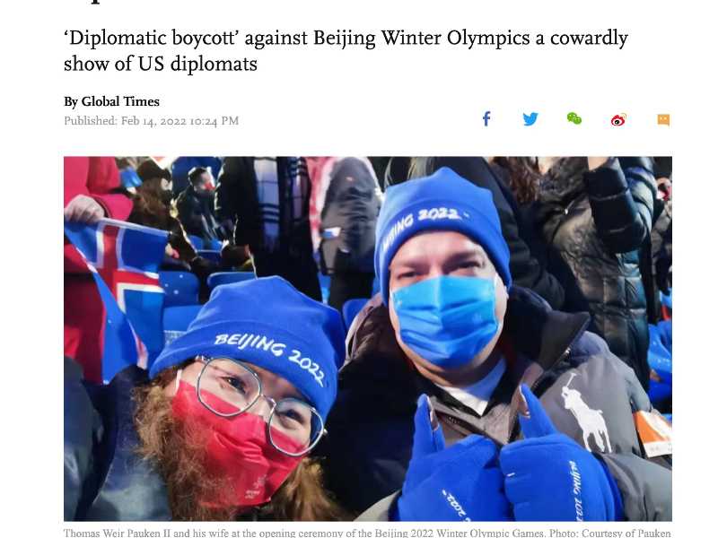 Un articolo del Global Times con intervista a Thomas Weir Pauken II contro il boicottaggio delle Olimpiadi invernali di Pechino del 2022